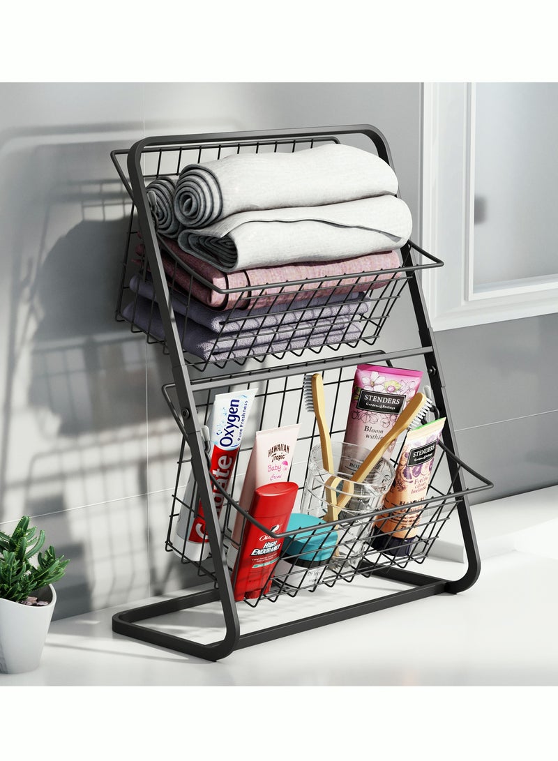 2 Tier Fruit Basket Countertop Fruit Vegetable Basket Bowl for Kitchen Counter Metal Mesh Basket Fruits Stand Produce Holder Organizer for Onion Potato Bread Snack Veggie Black 37x28 cm - Image 2